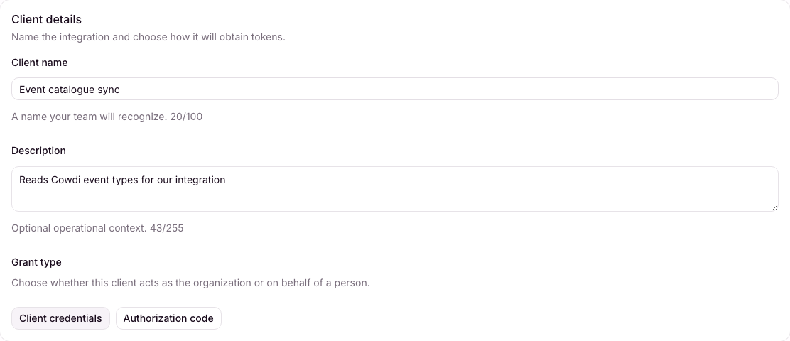 Cowdi Connect client details form with Client credentials selected
