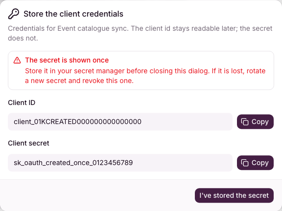 One-time Cowdi Connect dialog showing a mock client ID and client secret