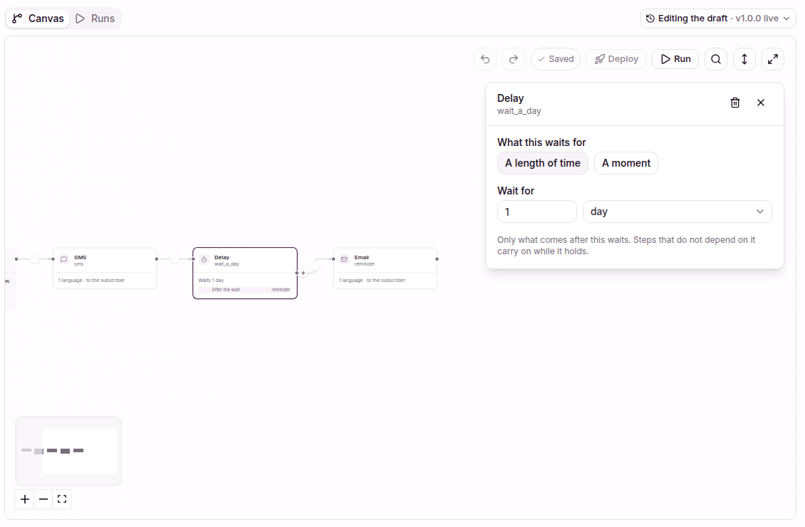 A Delay step set to wait one day, followed by an Email step