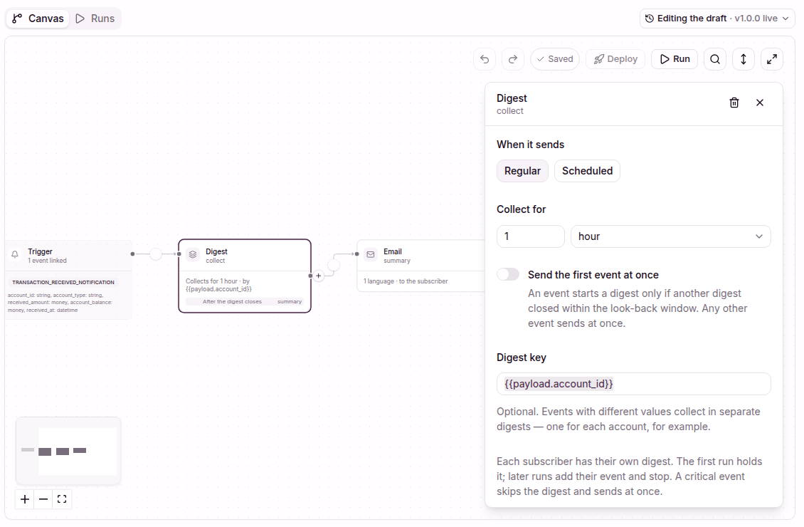 A Digest step that collects for one hour by account, followed by an Email step