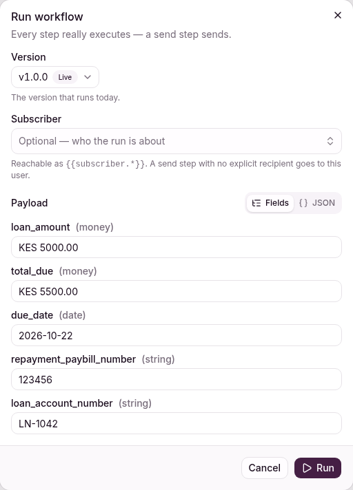 The Run workflow dialog with the version, the subscriber, and the payload fields