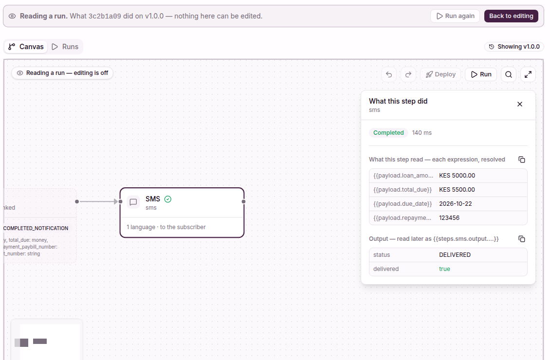 A run on the canvas, with the SMS step record open